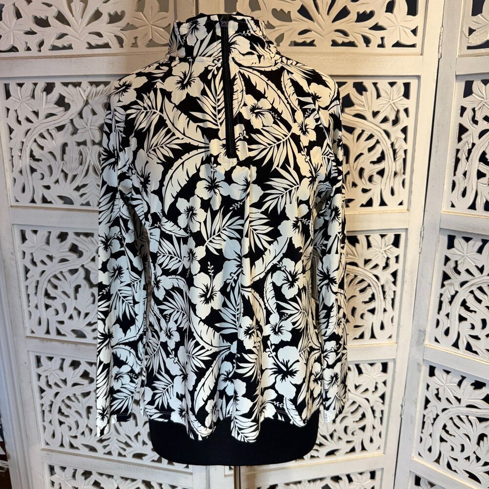 New With Tags 3/4 Zip Lands End Woman Size Extra Black and White Hawaiian Print